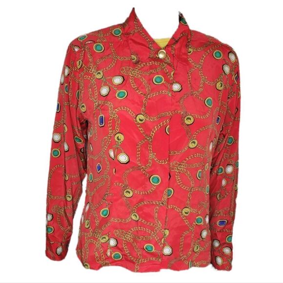 HP🎀Josephine Petites long sleeve red chain pattern button down shirt. - Picture 3 of 12